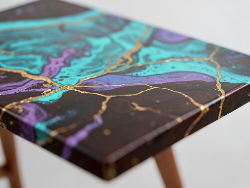Mesa de madeira com resina marmorizada